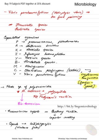 -
Vibrio
perahaemolyticus ( Holophytic
vibrio ) ⇒
Sea
food poisoning
*
Franscielle .
Species
Pascarellaspecies
Capsulated organisms
PA
→
pneumococcus ,
pseudomonas
→ Anthracis .
bacillus
K → Klebsiella species .
I -
Influenzae heemophildus
y - Yersinia
species
B- Bordeattele species .
M -
Meninga cocci
C -
Clostridium
plerfringens ( wel'the )
,
I
V -
Vibrio
yceraheemolyticus Cryptococcus
neoformans
[fungus
-
→ Made
up of polysaccharide yeast ]
* B . anthracis →
polypeptide
 Metatherian's reaction
I
Bio -
terrorism
°
Pneumococcus
capsule =
Queening reaction
I
capsule -
swelling
•
Capsule →
antiphagocytic
( virulence factor)
Website: https://mbbshelp.com WhatsApp: https://mbbshelp.com/whatsapp
Microbiology
http://bit.ly/fmgemicrobiology
Buy 19 Subjects PDF together at 35% discount
 