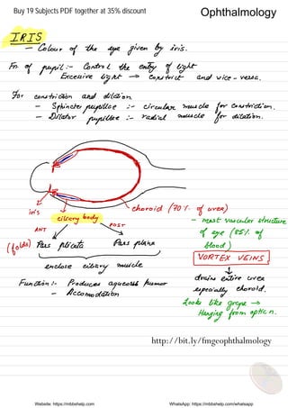 IRIS
= Colour
of the
eye given by iris .
Fn .
of pupil
: -
Control the entry of light
Excessive
light
→
constrict and nice - versa .
For constriction and dilation .
-
Sphincter piupillae : -
circular
muscle
for constriction .
-
Dilator
papillae
; - radial muscle
for deletion .
#⇒*a*
E-
.
-
in¥¥=#faY#horoid
( 70.1 .
of area )
eiliary body
pos ,
-
most vascular structure
Ant
/ s of eye ( 85.1 .
of
( folds
) Pars
Aliotta
Pars plane blood
)
- VORTEXVEITT
enclose
cileary
muscle .
#
l*
Function : -
Produces
aqueous
humor
drains entire uree
especially
choroid .
-
Accommodation
Looks like
grape
→
Hanging from option .
Website: https://mbbshelp.com WhatsApp: https://mbbshelp.com/whatsapp
Ophthalmology
http://bit.ly/fmgeophthalmology
Buy 19 Subjects PDF together at 35% discount
 