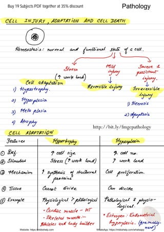 CELL INJURY
,
ADAPTATION AND CELL DEATH
0*8
Homeostasis : normal and
functional state
of
a cell .
~
thev
Mild Severe &
Stress
injury persistent
@work.
toad f,
injury .
Cell adaptation 1
1
) Hypertrophy .
Reversible
injury Irreversible
injury
2) Hyperplasia
D Necrosis
3)
Meta
plesia
2) Apoptosis
a) Atrophy
CELL ADAPTATICN
Features Hypertrophy Hyperplasia
1
Def .
9 cell
size a cell no .
2 Stimulus Stress ( 9 work load ) 9 work load
3 Mechanism 9
synthesis of
structural Cell
proliferation .
proteins
4 Tissue Cannot divide Can divide
@ Example Physiological
>
pathological Pathological
&
physic
-
•
Cardiac muscle -
at
logical .
•
Skeletal muscle : -
•
Estrogen : Endometrial
Athletes and bodybuilder hyperplasia .
1
premalignant
)Website: https://mbbshelp.com WhatsApp: https://mbbshelp.com/whatsapp
Pathology
http://bit.ly/fmgepathology
Buy 19 Subjects PDF together at 35% discount
 