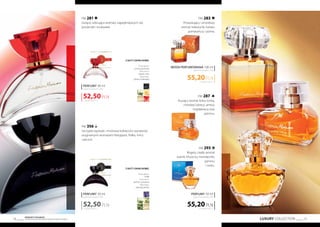 LUXURY COLLECTION 19
Produkty FM GROUP
są oryginalnymi produktami FM GROUP World18
FM 356
Szczypta egzotyki i mnóstwo kobiecości wyrażonej
oryginalnymi aromatami frangipani, fiołka, mirry
i paczuli.
FM 281
Gorące, wibrujące aromaty najpiękniejszych róż,
porzeczek i truskawek.
Nuty zapachowe:
Nuty głowy:
czarna porzeczka
Nuty serca:
jaśmin, róża
Nuty bazy:
piżmo, truskawka
Nuty zapachowe:
Nuty głowy:
fiołek
Nuty serca:
jaśmin, osmantus
Nuty bazy:
paczula, piżmo
1750,00 PLN/1 l
52,50PLN
perfumy 30 ml
zaperfumowanie 20%
1750,00 PLN/1 l
52,50PLN
perfumy 30 ml
zaperfumowanie 20%
1104,00 PLN/1 l
55,20PLN
perfumy 50 ml
zaperfumowanie 20%
FM 283
Prowokujący i zmysłowy
aromat nektarynki, kwiatu
pomarańczy i piżma.
FM 287
Kuszący aromat bobu tonka,
chińskiej lukrecji, ambry,
migdałowca oraz
jaśminu.
552,00 PLN/1 l
55,20PLN
woda perfumowana 100 ml
zaperfumowanie 16%
FM 293
Bogaty, ciepły aromat
wanilii, bluszczu, mandarynki,
jaśminu
i cedru.
 