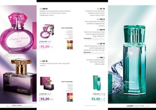 LUXURY COLLECTION 21
Produkty FM GROUP
są oryginalnymi produktami FM GROUP World20
FM 291
Czarujący aromat soczystych malin, róży, wanilii
i paczuli.
FM 298
Eksplozja cytrusowej energii otoczona subtelnym
aromatem róż, osmantusa, peonii, drzewa
sandałowego i paczuli.
Nuty zapachowe:
Nuty głowy:
cytrusy, piwonia
Nuty serca:
róża, osmantus
Nuty bazy:
paczula,
drzewo sandałowe
Nuty zapachowe:
Nuty głowy:
malina, liczi
Nuty serca:
frezja, róża
Nuty bazy:
paczula, wanilia
1104,00 PLN/1 l
55,20PLN
perfumy 50 ml
zaperfumowanie 20%
1104,00 PLN/1 l
55,20PLN
perfumy 50 ml
zaperfumowanie 20%
FM 141
Krystalicznie czysty akord lodu
ocieplony nutami granatu,
piwonii, ambry i piżma.
FM 142
Silnie uzależniający miks wanilii,
sandałowca, bułgarskiej róży
i tuberozy.
FM 146
Tajemnicza mieszanka pachnąca
świeżym pieprzem jamajskim,
frezją i hibiskusem.
Zamów jeszcze: żel pod prysznic (146e), balsam
do ciała (146m*), antyperspirant w kulce (146t)
FM 147
Jedyna kompozycja, w której tak
idealnie współgrają nuty
mandarynki, liczi, śliwki i konwalii.
Zamów jeszcze: żel pod prysznic (147e), antyper-
spirant w kulce (147t), perfumy do włosów (147w)
FM 149
Zmysłowe zespolenie kwiatu
wiśni, kwiatu frangipani
i drzewa tanaka.
1104,00 PLN/1 l
55,20PLN
perfumy 50 ml
zaperfumowanie 20%
* tylko do wyczerpania zapasów
 