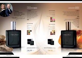 LUXURY COLLECTION 5
Produkty FM GROUP
są oryginalnymi produktami FM GROUP World4
KOLEKCJA
LUKSUSOWA DAMSKA
FM 363
Orientalna podróż, którą zapowiadają drogocenny
szafran i indyjski cypriol. W jej sercu znajdziemy
tajemniczy aromat drzewa agarowego otulony
zmysłowym zapachem róż. Kompozycję dopełnia
egzotyczny, drzewno-korzenny bukiet.
NEW!
FM 364
Odważna kompilacja rozbudzającego zmysły
kardamonu z delikatnym kwiatem pomarańczy,
pogłębiona nutami
bułgarskiej róży, szafranu
i wanilii. Króluje w niej
jednak intrygujący
aromat drzewa
agarowego.
NEW!
585,00 PLN/1 l
58,50PLN
WODA PERFUMOWANA 100 ml
zaperfumowanie 16%
Nuty zapachowe:
Nuty głowy:
palisander, kardamon,
pieprz
Nuty serca:
agar (oud), wetiwer
Nuty bazy:
wanilia,ambra
KOLEKCJA
LUKSUSOWA MĘSKA
FM 335
Nowoczesna wariacja, w której
splatają się intensywne nuty
drzewa agarowego, kardamonu,
ambry i pieprzu. Zachwycająco
równoważy je kremowy charakter
wanilii i bobu tonka, tworząc
niezwykle harmonijną
kompozycję.
NEW!
585,00 PLN/1 l
58,50PLN
WODA PERFUMOWANA 100 ml
zaperfumowanie 16%
Nuty zapachowe:
Nuty głowy:
kwiat pomarańczy, kardamon
Nuty serca:
agar (oud), róża, skóra
Nuty bazy:
szafran,wanilia,nutydrzewne
Nuty zapachowe :
Nuty głowy:
szafran, cypriol, labdanum
Nuty serca:
agar (oud), róża turecka,
róża bułgarska
Nuty bazy:
agar(oud),drzewogwajakowe,paczula
N O W O ś ć ! N O W O ś ć !
Polecamy
nowości inspirowane
hipnotyzującym zapachem
drzewa agarowego!
 