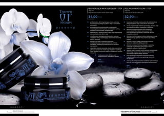 TRIUMPH OF ORCHIDS COLLECTION 59
Produkty FM GROUP
są oryginalnymi produktami FM GROUP World58
REGENERUJĄCA MASKA DO DŁONI I STÓP
160 ml
Regeneration expert hands & feet mask
212,50 PLN/1 l
34,00PLN
	 profesjonalna, silnie regenerująca maska polecana
	 do intensywnej pielęgnacji dłoni i stóp w warunkach
	domowych
	 jej wyjątkowa formuła powstała w odpowiedzi
	 na szczególne potrzeby skóry, nawet bardzo suchej,
	 wrażliwej, spierzchniętej i zrogowaciałej
	 błyskawiczna – wystarczy tylko 5 minut, aby zregenerować
	 oraz nawilżyć skórę dłoni i stóp
	 certyfikowany olej arganowy znakomicie odżywia
	 i wygładza skórę, wspomagając utrzymanie naturalnej
	 bariery lipidowej
	 ekstrakt z orchidei o wysokim potencjale
	 antyoksydacyjnym zapewnia właściwą ochronę,
	 odmładza i zapobiega przedwczesnemu starzeniu
	 się naskórka
	 optymalne stężenie mocznika, masło shea oraz roślinna
	 gliceryna przyjemnie zmiękczają i dogłębnie nawilżają
	 skórę, działając korzystnie nawet na popękaną i szorstką
	 skórę pięt
	 maska pozostawia skórę w pełni
		 zregenerowaną i jedwabiście gładką
		 NEW!
		 FM | od1
PEELING AHA DO DŁONI I STÓP
160 ml
Expert aha hands & feet peel
205,63 PLN/1 l
32,90PLN
	 luksusowy kosmetyk przeznaczony do profesjonalnej
	 pielęgnacji dłoni i stóp w warunkach domowych
	 usuwa zrogowaciały naskórek, sprawiając, że skóra staje
	 się jedwabiście gładka, rozjaśniona i nawilżona
	 optymalne stężenie kwasów AHA zawartych
	 w naturalnych ekstraktach owocowych (10%),
	 przy regularnym stosowaniu, doskonale złuszcza
	 i wygładza naskórek
	 ekstrakt z orchidei zapewnia skórze właściwą ochronę,
	 uelastycznia ją, ujędrnia i koi, przywracając młody
	wygląd
	 ekstrakt z cytryny nadaje równomierny koloryt,
	 wzmacnia naskórek i płytkę paznokci
	 ekstrakt z ananasa, który jest bogaty w witaminy
	 i minerały oraz działający złuszczająco enzym,
	 dogłębnie odżywia i nawilża skórę
	 dodatek pudru z pestek moreli pozwala na wykonanie
	 delikatnego masażu skóry, który wzmacnia efekt
	 złuszczania zrogowaciałego naskórka
	 przy regularnym stosowaniu stymuluje odnowę
	 i regenerację komórek oraz zapobiega tworzeniu
	 się zgrubień
	 zalecany do pielęgnacji skóry wrażliwej i spierzchniętej,
	 która źle znosi stosowanie peelingów mechanicznych
	 NEW!
	 FM | od2
N O W O ś ć ! N O W O ś ć !
 