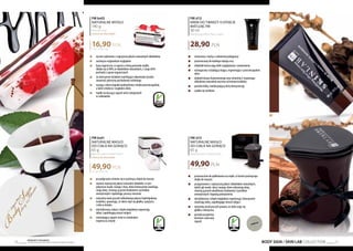 71
Produkty FM GROUP
są oryginalnymi produktami FM GROUP World70
FM bs02
NATURALNE MYDŁO
140 g
Natural soap
cherry & chocolate
120,71 PLN/1 kg
16,90 PLN
	 ręcznie wykonane z najwyższej jakości naturalnych składników
	 zachwyca oryginalnym wyglądem
	 baza organiczna, w oparciu o którą powstało mydło,
	 składa się w 98% ze składników naturalnych, z czego 60%
	 pochodzi z upraw organicznych
	 za intensywne działanie nawilżające odpowiada wysoka
	 zawartość gliceryny pochodzenia roślinnego
	 wyciąg z aloesu łagodzi podrażnienia i działa przeciwzapalnie,
	 a także zmiękcza i wygładza skórę
	 mydło ma kuszący zapach wiśni zatopionych
	 w czekoladzie
FM bs01
NaturalnE MASło
do ciała na gorąco
65 g
Natural warm body butter
cherry & chocolate
767,69 PLN/1 kg
49,90 PLN
	 po podgrzaniu zmienia się w pachnący olejek do masażu
	 zawiera najwyższej jakości naturalne składniki, w tym
	 odżywcze masła: mango i shea, które intensywnie nawilżają
	 i koją skórę, chroniąc ją przed działaniem czynników
	 zewnętrznych i opóźniając procesy starzenia
	 naturalny wosk pszczeli odbudowuje płaszcz hydrolipidowy
	 naskórka, sprawiając, że skóra staje się gładka, sprężysta
	 i miła w dotyku
	 olej kokosowy, kakao i olejek migdałowy regenerują
	 skórę i zapobiegają utracie wilgoci
	 zniewalający zapach wiśni w czekoladzie
	 rozpieszcza zmysły
FM sl12
KREM DO TWARZY O EFEKCIE
MATUJĄCYM
30 ml
Mattifying effect face cream
963,33 PLN/1 l
28,90 PLN
	 stworzony z myślą o codziennej pielęgnacji
	 przeznaczony do każdego rodzaju cery
	 składniki kremu dają efekt wygładzenia i zmatowienia
	 wzbogacony o działający kojąco, regenerująco i przeciwzapalnie
	aloes
	 dodatek kwasu hialuronowego oraz witaminy E wspomaga
	 odbudowę naturalnej warstwy ochronnej naskórka
	 posiada lekką, nieobciążającą skóry konsystencję
	 szybko się wchłania
	 przeznaczone do aplikowania na ciepło, w formie pachnącego
	 olejku do masażu
	 przygotowane z najwyższej jakości składników naturalnych,
	 takich jak masła: shea i mango, które odżywiają skórę,
	 chronią ją przed szkodliwym działaniem czynników
	 zewnętrznych i łagodzą podrażnienia
	 olej kokosowy i olejek migdałowy regenerują i intensywnie
	 nawilżają skórę, zapobiegając utracie wilgoci
	 naturalny wosk pszczeli sprawia, że skóra staje się
	 gładka i elastyczna
	 posiada przyjemny
	drzewno-owocowy
	zapach
FM sl13
NaturalnE MASło
do ciała na gorąco
65 g
Natural warm body butter
767,69 PLN/1 kg
49,90 PLN
BODY SIGN / SKIN LAB COLLECTION
 