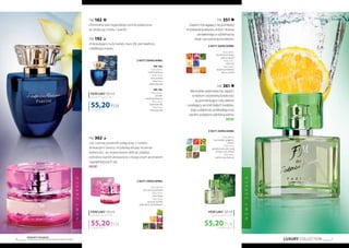 LUXURY COLLECTION 7
Produkty FM GROUP
są oryginalnymi produktami FM GROUP World6
NOWYZAPACH
FM 361
Niezwykle optymistyczny zapach,
w którym wizytówką kobiecości
są promieniujące nuty zielone
i urzekający aromat białych kwiatów.
Jego subtelność podkreślają nuty
wodne ocieplone odrobiną piżma.
NEW!
1104,00 PLN/1 l
55,20PLN
perfumy 50 ml
zaperfumowanie 20%
Nuty zapachowe:
Nuty głowy:
nuty wodne, grejpfrut,
cytryna
Nuty serca:
gardenia, groszek, białe
kwiaty, nuty zielone
Nuty bazy:
piżmo,nutydrzewne
FM 351
Zapach rozciągający się pomiędzy
zmysłowościąabsyntu,ambryidrzewa
sandałowego a subtelnością
frezji i soczystością brzoskwini.
Nuty zapachowe:
Nuty głowy:
brzoskwinia, frezja,
zielony absynt
Nuty serca:
róża, irys
Nuty bazy:
drzewosandałowe,
piżmo,ambra
FM 362
Liść czarnej porzeczki połączony z nutami
drzewnymi tworzy zmysłową etiudę na temat
kobiecości. Jej nowoczesne oblicze osładza
odrobina wanilii zestawiona z klasycznym aromatem
najpiękniejszych róż.
NEW!
FM 162
Orientalna woń egipskiego piżma połączona
ze słodyczą miodu i wanilii.
FM 192
Zniewalające nuty kwiatu tiare, lilii, pomarańczy
i słodkiego miodu.
1104,00 PLN/1 l
55,20PLN
perfumy 50 ml
zaperfumowanie 20%
1104,00 PLN/1 l
55,20PLN
perfumy 50 ml
zaperfumowanie 20%
Nuty zapachowe:
Nuty głowy:
liść czarnej porzeczki
Nuty serca:
róża, frezja
Nuty bazy:
paczula,wanilia,
ambroksan,nutydrzewne
Nuty zapachowe:
FM 162:
Nuty głowy:
miód kwiatowy
Nuty serca:
róża, wanilia
Nuty bazy:
piżmo,paczula
FM 192:
Nuty głowy:
gruszka,
kwiatpomarańczy
Nuty serca:
kwiattiare,lilia
Nuty bazy:
miód,paczula
NOWYZAPACH
 