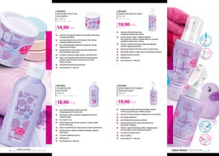 81
Produkty FM GROUP
są oryginalnymi produktami FM GROUP World80
FM d003
MUSUJĄCE PASTYLKI
DO KĄPIELI
3 x 40 g
Fizzing bath tablets
124,17 PLN/1 kg
14,90 PLN
	 stworzone, aby zapewnić dzieciom wesołą kąpiel, pełną koloru
	 i musujących bąbelków
	 zawierają odżywczy olej z pestek winogron, który nawilża
	 i pielęgnuje delikatną skórę dzieci
	 olej z awokado łagodzi podrażnienia i regeneruje, chroniąc
	 ciało przed utratą wilgoci
	 skomponowane na bazie bezpiecznych dla wrażliwej skóry
	 dzieci barwników spożywczych
	 o radosnych zapachach mango, granatu i czarnej porzeczki
	 każda z trzech pastylek nadaje wodzie inny fantazyjny kolor:
	 niebieski, różowy lub żółty, nie barwiąc przy tym skóry
	 dziecka ani wanny
	 z hipoalergiczną kompozycją zapachową
	 do stosowania od 3. roku życia
FM d002
SZAMPON-ŻEL
DLA DZIECI
200 ml
Shampoo & body wash 2 in 1
94,50 PLN/1 kg
18,90 PLN
	 łączy zalety łagodnego szamponu dla dzieci
	 i pielęgnującego żelu do mycia ciała
	 opracowany z myślą o potrzebach najmłodszych amatorów
	 wodnych przygód
	 nie szczypie w oczy
	 ułatwia rozczesywanie włosów i sprawia, że stają się miękkie,
	 puszyste i błyszczące
	 bogaty w prowitaminę B5, która regeneruje i łagodzi podrażnienia
	 zawiera ekstrakt z nagietka, doskonale nawilżający delikatną
	 skórę dziecka
	 o zapachu tropikalnych owoców
	hipoalergiczny
	 do stosowania od 3. roku życia
FM d005
PIANKA DO MYCIA CIAŁA
200 ml
Body wash foam
99,50 PLN/1 l
19,90 PLN
	 stworzona do codziennego mycia
	 i pielęgnacji delikatnej skóry dziecka
	 zawiera odżywczy olejek ze słodkich migdałów,
	 który regeneruje, zmiękcza i wygładza skórę oraz zapewnia
	 jej delikatne natłuszczenie i ochronę
	 ekstrakt z rumianku i alantoina przyspieszają odbudowę
	 naskórka i łagodzą podrażnienia
	 gliceryna pochodzenia roślinnego nawilża i zmiękcza skórę
	 lekka pianka sprawia, że kąpiel staje się niezapomnianą zabawą
	 przyjemnie pachnie żurawiną
	hipoalergiczna
	 do stosowania od 3. roku życia
	 ułatwia rozczesywanie niesfornych kosmyków i sprawia,
	 że włosy stają się błyszczące, miękkie i puszyste
	 może być stosowany zarówno na wilgotne, jak i na suche włosy
	 nie wymaga spłukiwania
	 przeciwdziała elektryzowaniu się włosów
	 zawiera prowitaminę B5, która posiada właściwości
	 regenerujące i łagodzące
	 ekstrakt z nagietka lekarskiego nawilża i pielęgnuje włosy
	 oraz skórę głowy, a także działa przeciwzapalnie
	 ma zapach soczystego melona
	 łatwy w aplikacji
	 do stosowania od 3. roku życia
FM d004
SPRAY NABŁYSZCZAJĄCO-
-ROZPLĄTUJĄCY
200 ml
Hair shine detangling spray
99,50 PLN/1 l
19,90 PLN
AQUA MAGIC COLLECTION
 