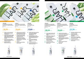 83
Produkty FM GROUP
są oryginalnymi produktami FM GROUP World82
FM w09
SZAMPON DO WŁOSÓW
SUCHYCH I ZNISZCZONYCH
200 ml
Dry and damaged hair shampoo
98,50 PLN/1 l
19,70PLN
	 ekstrakty z alg i aloesu intensywnie
	 nawilżają, wzmacniają, odżywiają
	 i regenerują włosy
	 specjalnie dobrane składniki sprawiają,
	 że włosy stają się elastyczne, miękkie
	 i gładkie, ułatwiają rozczesywanie,
	 zapobiegają elektryzowaniu i łamaniu
	 się włosów
	 przeznaczony do włosów suchych,
	 łamliwych, zniszczonych farbowaniem,
	 suszeniem i prostowaniem
	 pozostawia na włosach
	 delikatny, kwiatowy zapach
FM w11
ODŻYWka DO WŁOSÓW
SUCHYCH I ZNISZCZONYCH
150 ml
Dry and damaged hair conditioner
111,00 PLN/1 l
16,65PLN
	 proteiny pszenicy oraz ceramidy A2
	 pomagają zregenerować zniszczone
	 pasma, nadając im zdrowy wygląd
	 ekstrakty z alg i aloesu sprawiają,
	 że z każdym dniem włosy stają się
	 bardziej puszyste i lśniące
	 składniki intensywnie nawilżają
	 i odżywiają włosy, nie obciążają ich,
	 ułatwiają rozczesywanie i zapobiegają
	 elektryzowaniu się
	spłukiwana
	 pozostawia na włosach delikatny,
	 kwiatowy zapach
FM w08
SZAMPON
DLA MĘŻCZYZN
200 ml
Men’s shampoo
89,25 PLN/1 l
17,85PLN
	 składniki, takie jak wyciąg z alg, nadają
	 włosom miękkość, ułatwiają ich
	 rozczesywanie i zapobiegają
	 elektryzowaniu się
	 poprawiają kondycję skóry głowy,
	 ograniczają przetłuszczanie się włosów,
	 a także zapobiegają pojawieniu się
	łupieżu
	 przeznaczony do kompleksowej
	 pielęgnacji włosów i skóry głowy
	mężczyzn
	 do codziennego stosowania
	 pozostawia na włosach przyjemny,
	 cedrowo-korzenny zapach
83
FM w10
SZAMPON DO WŁOSÓW
CIENKICH I POZBAWIONYCH
PUSZYSTOŚCI
200 ml
Fine and flat hair shampoo
100,50 PLN/1 l
20,10PLN
	 zawiera wyciągi z alg i aloesu, które
	 nawilżają i nadają niepowtarzalną
	miękkość
	 specjalnie dobrane składniki nadają
	 włosom puszystość, optycznie
	 zwiększając ich objętość
	 ułatwiają rozczesywanie mokrych
	 włosów, zmniejszają elektryzowanie się
	 i znakomicie nawilżają
	 do codziennego stosowania
	 pozostawia na włosach przyjemny,
	 kwiatowy zapach
FM w06
SZAMPON
PRZECIWŁUPIEŻOWY
200 ml
Anti-dandruff shampoo
108,50 PLN/1 l
21,70PLN
	 działa kojąco na skórę głowy, przywraca
	 jej naturalną równowagę
	 pirytionian cynku działa
	 przeciwgrzybicznie, likwidując
	 oznaki łupieżu
	 minerały z Morza Martwego dodają
	 włosom sprężystości, miękkości i blasku
	 do regularnego stosowania
	 pozostawia na włosach przyjemny,
	 owocowy zapach
FM w12
ODŻYWka DO WŁOSÓW
CIENKICH I POZBAWIONYCH
PUSZYSTOŚCI
150 ml
Fine and flat hair conditioner
111,00 PLN/1 l
16,65PLN
	 ekstrakty z alg i aloesu sprawiają,
	 że włosy są lśniące i doskonale nawilżone
	 specjalnie dobrane składniki nadają
	 włosom puszystość i optycznie
	 zwiększają ich objętość
	 ułatwiają rozczesywanie i modelowanie
	 włosów, zapobiegając elektryzowaniu się
	 i nie obciążając ich
	spłukiwana
	 pozostawia na włosach przyjemny,
	 kwiatowy zapach
	 lekka formuła
HAIR CARE COLLECTION
 