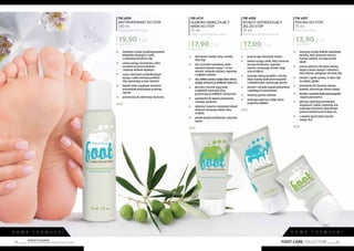 85
Produkty FM GROUP
są oryginalnymi produktami FM GROUP World84
N O W A F O R M U Ł A !
FM s009
ANTYPERSPIRANT DO STÓP
150 ml
Antiperspirant foot spray
132,67 PLN/1 l
19,90 PLN
	 stworzony na bazie wyselekcjonowanych
	 składników aktywnych z myślą
	 o codziennym komforcie stóp
	 zawiera wyciąg z kasztanowca, który
	 uszczelnia naczynia krwionośne
	 i wykazuje działanie łagodzące
	 znany z właściwości antybakteryjnych
	 wyciąg z szałwii zmniejsza potliwość
	 stóp, zapewniając uczucie świeżości
	 dodatek srebra wyjątkowo skutecznie
	 przeciwdziała powstawaniu przykrego
	zapachu
	 przeznaczonydocodziennegostosowania
NEW!
N O W A F O R M U Ł A !
FM s010
GŁĘBOKO NAWILŻAJĄCY
KREM DO STÓP
75 ml
Deep moisturising foot cream
238,67 PLN/1 l
17,90 PLN
	 intensywnie nawilża suchą i szorstką
	 skórę stóp
	 olej z orzechów makadamia, dzięki
	 zawartości kwasów omega 3 i 6 oraz
	 witamin, doskonale odżywia, regeneruje
	 i wygładza naskórek
	 olejzkiełkówpszenicynadajeskórzezdrowy
	 wygląd,wzmacniająidelikatnienatłuszcza
	 gliceryna i mocznik wiążą wodę
	 w głębokich warstwach skóry,
	 przywracając jej miękkość i elastyczność
	 prowitamina B5 łagodzi podrażnienia
	 i niweluje zgrubienia
	 witaminaEzawartawnaturalnycholejach
	 roślinnychzatrzymujemłodośćskóry
	 nadłużej
	 posiadaprzyjemnyherbaciano-cytrynowy
	zapach
NEW!
FM s008
KOJĄCO-ODŚWIEŻAJĄCY
ŻEL DO STÓP
75 ml
Soothing & refreshing foot gel
226,67 PLN/1 l
17,00 PLN
	 przynosi ulgę zmęczonym stopom
	 zawiera wyciąg z arniki, który wzmacnia
	 naczynia krwionośne i poprawia
	 krążenie, zmniejszając obrzęki i dając
	 uczucie lekkości
	 naturalny ziołowy kompleks z wierzbą
	 białą i manuką działa przeciwzapalnie
	 i antybakteryjnie, ograniczając pocenie
	 ekstrakt z rumianku łagodzi podrażnienia
	 i zapobiega ich powstawaniu
	 mentol przyjemne odświeża
	 nawilżająca gliceryna nadaje skórze
	 przyjemną miękkość
NEW!
FM s007
PEELING DO STÓP
75 ml
Scrub foot cream
185,33 PLN/1 l
13,90 PLN
	 stworzonynabaziedrobineknaturalnego
	 pumeksu, który skutecznie złuszcza
	 martwy naskórek, oraz łupin pestek
	oliwek
	 zawiera odżywczy olej słonecznikowy,
	 bogaty w kwasy omega 6 i witaminę E,
	 który odżywia, pielęgnuje i koi skórę stóp
	 ekstrakt z ogórka sprawia, że skóra staje
	 się miękka i gładka
	 prowitamina B5 stymuluje odnowę
	 komórek, przywracając zdrowy wygląd
	 ekstraktzrumiankudziałaprzeciwzapalnie
	 i łagodzi podrażnienia
	 gliceryna zapobiega powstawaniu
	 zrogowaceń i spękań, regeneruje oraz
	 wspomaga utrzymanie optymalnego
	 poziomu nawilżenia przez długi czas
	 o zapachu egzotycznych owoców:
	 mango i liczi
NEW!
FOOT CARE COLLECTION
 