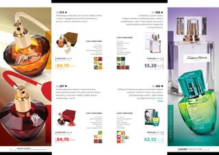 LUXURY COLLECTION 9
Produkty FM GROUP
są oryginalnymi produktami FM GROUP World8
FM 297
Śmiałe połączenie tradycji z nowoczesnością:
kolaż zapachów białych róż, peonii, paczuli, kwiatu
pomarańczy oraz woni słodkich jabłek, drzewa
sandałowego i wanilii.
FM 313
Zniewalające połączenie nut cytryny, słodkiej maliny
i miodu z upajającą wonią kwiatu pomarańczy,
jaśminu i zielnym zapachem paczuli.
1694,00 PLN/1 l
84,70PLN
perfumy 50 ml
zaperfumowanie 20%
Nuty zapachowe:
Nuty głowy:
cytryna, malina
Nuty serca:
kwiat pomarańczy, jaśmin
Nuty bazy:
paczula,białymiód
1694,00 PLN/1 l
84,70PLN
perfumy 50 ml
zaperfumowanie 20%
Nuty zapachowe:
Nuty głowy:
świeże, słodkie jabłko
Nuty serca:
kwiat pomarańczy,
białe kwiaty róż
Nuty bazy:
drzewosandałowe,wanilia
FM 360
Delikatna kompozycja oparta na aromatach białych
kwiatów i świeżych nutach cytrusowych.
Zdecydowanego wyrazu i głębi dodaje
jej połączenie brzozy i ambry.
NEW!
FM 358
Ultrakobiecy zapach utkany
z białych kwiatów na delikatnej bazie z drewna
sandałowego i cedru. Otula mglistą nutą wanilii,
orzeźwia lekkim podmuchem bergamotki
i czarnej porzeczki.
1104,00 PLN/1 l
55,20PLN
perfumy 50 ml
zaperfumowanie 20%
Nuty zapachowe:
Nuty głowy:
bergamotka, czarna
porzeczka
Nuty serca:
jaśmin, konwalia
Nuty bazy:
cedr,drzewosandałowe,
bóbtonka,wanilia
1251,00 PLN/1 l
62,55PLN
perfumy 50 ml
zaperfumowanie 20%
Nuty zapachowe:
Nuty głowy:
limonka, kwiat grejpfruta
Nuty serca:
frezja, wiciokrzew,
konwalia, białe kwiaty
Nuty bazy:
ambra,brzoza
NOWYZAPACH
 