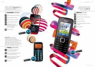 26                                                                                                        nowe możliwości           27



     Elegancki i smukły telefon na dwie karty SIM                                            Szybki dostęp do poczty e-mail,
     z klawiaturą QWERTY. HUAWEI G6605 pozwoli                                              wbudowany aparat fotograficzny
     Ci w wygodny sposób surfować                                                           oraz radio FM – dzięki Nokii C1-01
     po Internecie oraz sprawdzać pocztę e-mail.                                                  są teraz w zasięgu Twojej ręki.


          HUawei G6605                                                                  NOkia C1-01
                                                                                        Aparat fotograficzny 0,3 Mpix
          Dwie karty SIM w jednym telefonie
                                                                                        Odtwarzacz mp3 oraz radio FM z RDS
          Aparat fotograficzny 2 Mpix
                                                                                        Bluetooth 2.1 z EDR
          Odtwarzacz mp3 oraz radio FM
                                                                                        Obsługa poczty e-mail
          Wygodna klawiatura QWERTY
                                                                                        System operacyjny Nokia OS Series 40
          Obsługa poczty e-mail,                                                        6th Edition
          Opera Mini oraz komunikator
          Nimbuzz obsługujący                                                           Slot kart pamięci
          m.in. GG oraz Skype

          Slot kart pamięci

                                                               cie
                                                   on   amen
                                              w ab      5
                                                  ile 4
                                              Mob



     Trak CP-070 przeznaczony jest
     w głównej mierze dla seniorów.
     Cechuje się wyraźnym wyświetlaczem
     o dużym kontraście oraz wygodną klawiaturą
     z dużymi przyciskami numerycznymi.
     Dzięki funkcji „przycisk SOS” masz możliwość
     natychmiastowego połączenia się z numerem
     alarmowym lub wybranym kontaktem.


          TRak CP-070
          Duży i czytelny wyświetlacz 1,8”,                                                             cie
                                                                                            on   amen
          łatwe w obsłudze klawisze                                                    w ab
                                                                                                 45
                                                                                       M   obile
          Radio FM umożliwiające korzystanie
          bez podłączania słuchawek

          Latarka LED oraz klawisze funkcyjne
          ułatwiające korzystanie z radia,
          latarki, blokady klawiszy                                              cie
                                                                     on   amen
                                                                w ab
                                                                     ile     45
          Przycisk SOS                                           Mob




                                                                                                                    www.telefony.fm
 