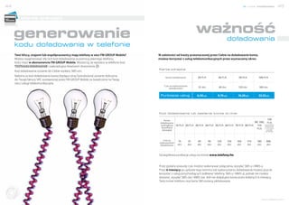44                                                                                                                                                                     nowe możliwości              45


              oferta pre-paid



     generowanie                                                                                                           ważność
                                                                                                                                                       doładowania
     kodu doładowania w telefonie
     Twoi bliscy, znajomi lub współpracownicy mają telefony w sieci FM GROUP Mobile?     W zależności od kwoty przeznaczonej przez Ciebie na doładowanie konta,
     Możesz wygenerować dla nich kod doładowania za pomocą własnego telefonu,            możesz korzystać z usług telekomunikacyjnych przez wyznaczony okres:
     który masz w abonamencie FM GROUP Mobile. Wystarczy, że wpiszesz w telefonie kod:
     *555*kwota doładowania# i zaakceptujesz klawiszem dzwonienia .
                                                                                         Karta-zdrapka:
     Kod doładowania zostanie do Ciebie wysłany SMS-em.
     Należna za kod doładowania kwota (będąca ceną Dystrybutora) zostanie doliczona           Kwota doładowania            20 PLN            30 PLN           50 PLN         100 PLN
     do Twojej faktury VAT, wystawionej przez FM GROUP Mobile za świadczone na Twoją
     rzecz usługi telekomunikacyjne.
                                                                                             Czas na wykorzystanie
                                                                                                 doładowania                31 dni            45 dni          123 dni         183 dni


                                                                                          Punktacja usług                  6,50 pkt.         9,76 pkt.       16,26 pkt.      32,52 pkt.




                                                                                         Kod doładowania lub zasilenie konta on-line:

                                                                                             Kwota                                                                                    120
                                                                                          doładowania                                                         90, 100,                PLN
                                                                                          zaokrąglona 10 PLN 20 PLN 30 PLN 40 PLN 50 PLN 60 PLN 70 PLN 80 PLN   110                (w przypadku
                                                                                                                                                                                   doładowania
                                                                                           do pełnych                                                           PLN                on-line: pełne
                                                                                           dziesiątek                                                                                dziesiątki
                                                                                                                                                                                    do 150 PLN)




                                                                                           Czas na       15          31    45          92    123       153   163       173   183    366
                                                                                         wykorzystanie
                                                                                         doładowania     dni         dni   dni         dni   dni       dni   dni       dni   dni    dni


                                                                                         Szczegółowa punktacja usług na stronie www.telefony.fm.


                                                                                         Przez podany powyżej czas możesz wykonywać połączenia, wysyłać SMS-y i MMS-y.
                                                                                         Przez 6 miesięcy po upływie tego terminu lub wykorzystaniu doładowania możesz jeszcze
                                                                                         korzystać z usług przychodzących (odbierać telefony, SMS-y i MMS-y), jednak nie możesz
                                                                                         dzwonić, wysyłać SMS-ów i MMS-ów. Jeśli nie doładujesz konta przez kolejnych 6 miesięcy,
                                                                                         Twój numer telefonu oraz karta SIM zostaną zablokowane.
Dołącz d
       o s ie ci




                                                                                                                                                                               www.telefony.fm
 