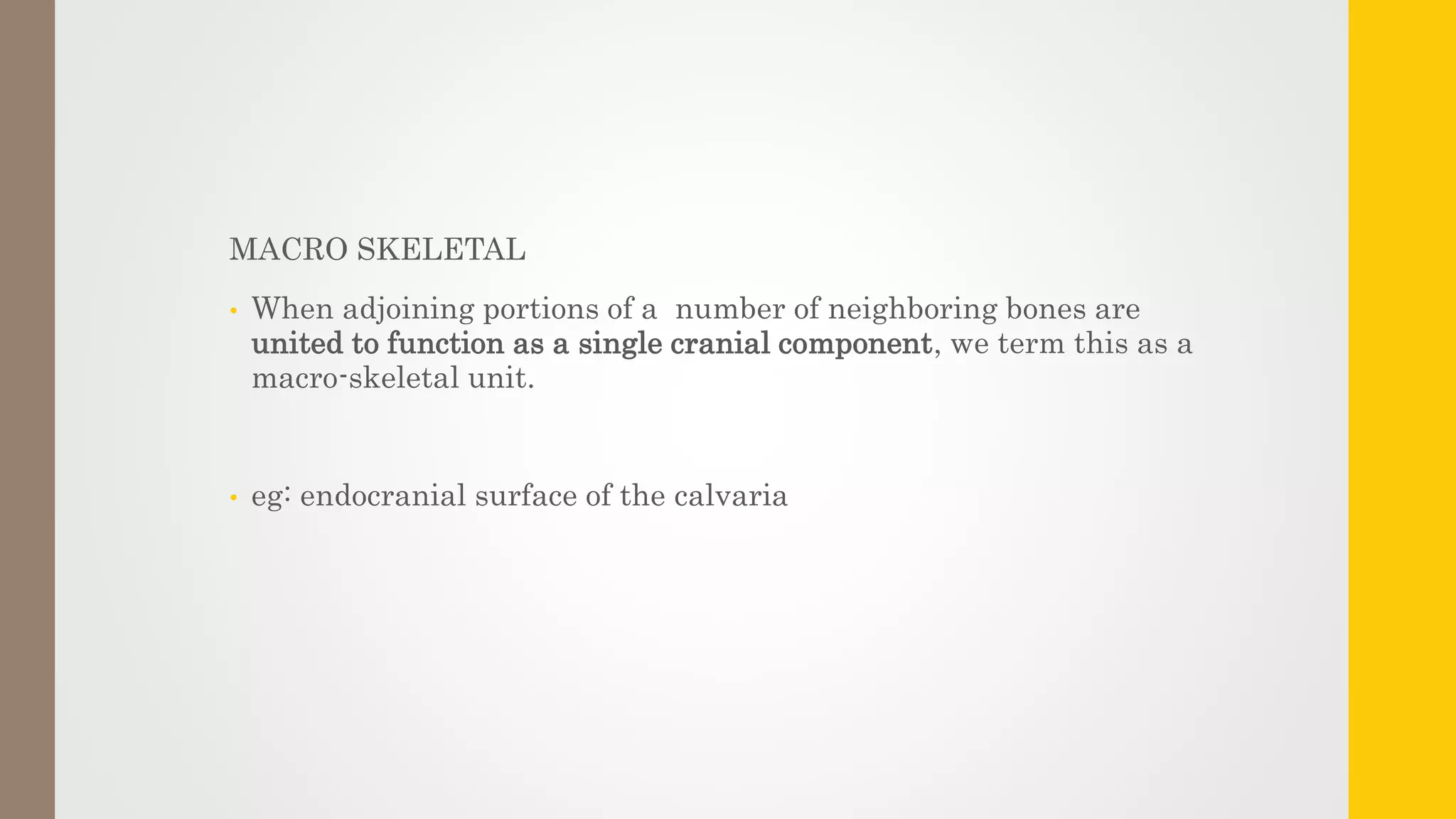 MACRO SKELETAL
• When adjoining portions of a number of neighboring bones are
united to function as a single cranial component, we term this as a
macro-skeletal unit.
• eg: endocranial surface of the calvaria
 