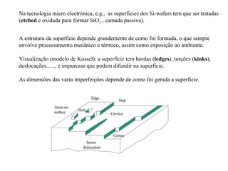 Step
Edge
Hole
Atom on
surface
Corner
Screw
dislocation
Crevice
Na tecnologia micro electrónica, e.g., as superfícies dos Si-wafers tem que ser tratadas
(etched e oxidada para formar SiO2 , camada passiva).
A estrutura da superfície depende grandemente de como foi formada, o que sempre
envolve processamento mecânico e térmico, assim como exposição ao ambiente.
Visualização (modelo de Kossel): a superfície tem bordas (ledges), torções (kinks),
deslocações......, e impurezas que podem difundir na superfície.
As dimensões das varia imperfeições depende de como foi gerada a superfície.
 