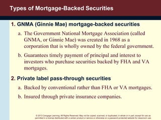 © 2013 Cengage Learning. All Rights Reserved. May not be copied, scanned, or duplicated, in whole or in part, except for use as
permitted in a license distributed with a certain product or service or otherwise on a password-protected website for classroom use.
Types of Mortgage-Backed Securities
1. GNMA (Ginnie Mae) mortgage-backed securities
a. The Government National Mortgage Association (called
GNMA, or Ginnie Mae) was created in 1968 as a
corporation that is wholly owned by the federal government.
b. Guarantees timely payment of principal and interest to
investors who purchase securities backed by FHA and VA
mortgages.
2. Private label pass-through securities
a. Backed by conventional rather than FHA or VA mortgages.
b. Insured through private insurance companies.
 