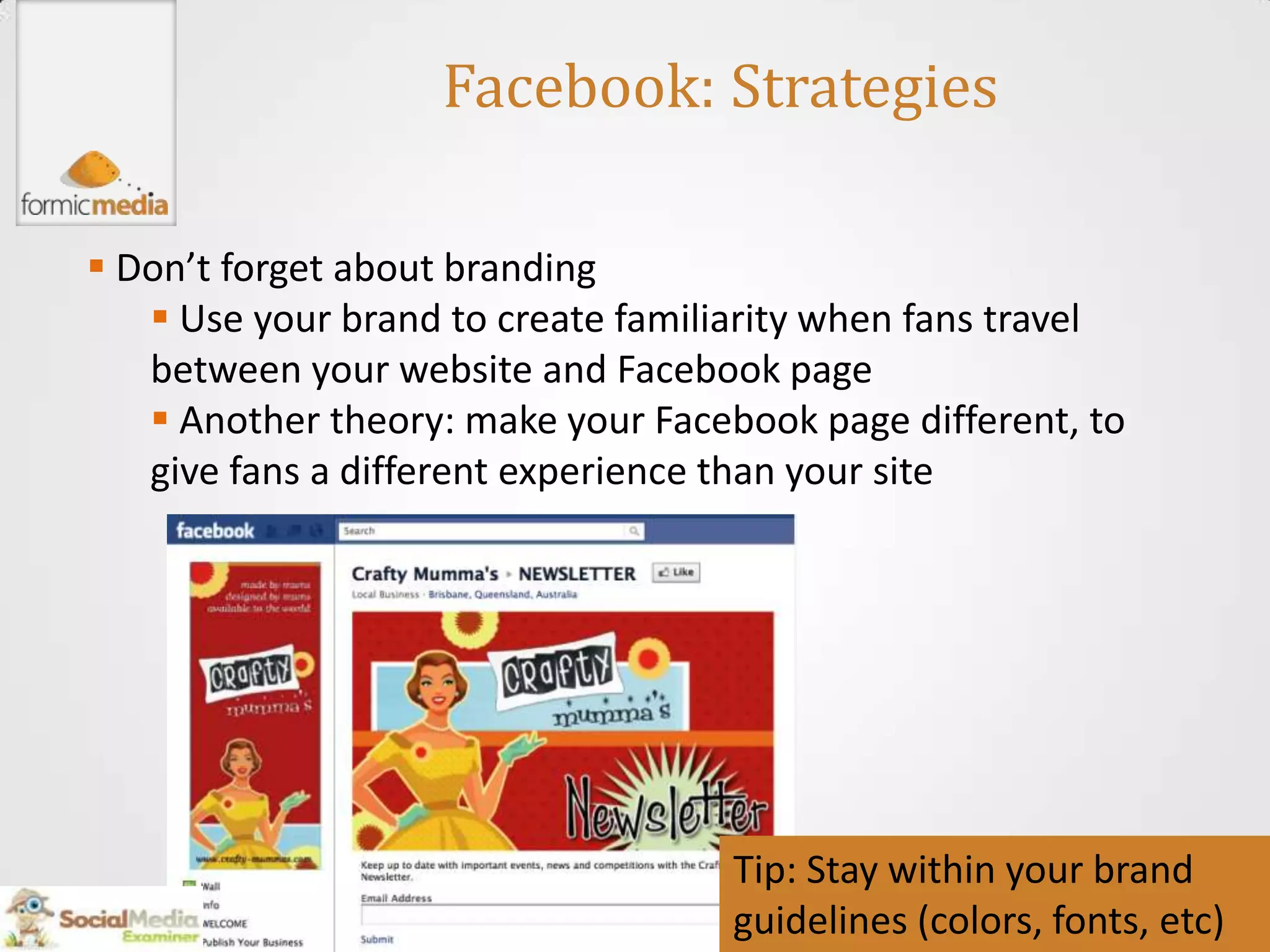 Facebook: Strategies

 Don’t forget about branding
    Use your brand to create familiarity when fans travel
   between your website and Facebook page
    Another theory: make your Facebook page different, to
   give fans a different experience than your site




                                    Tip: Stay within your brand
                                    guidelines (colors, fonts, etc)
 