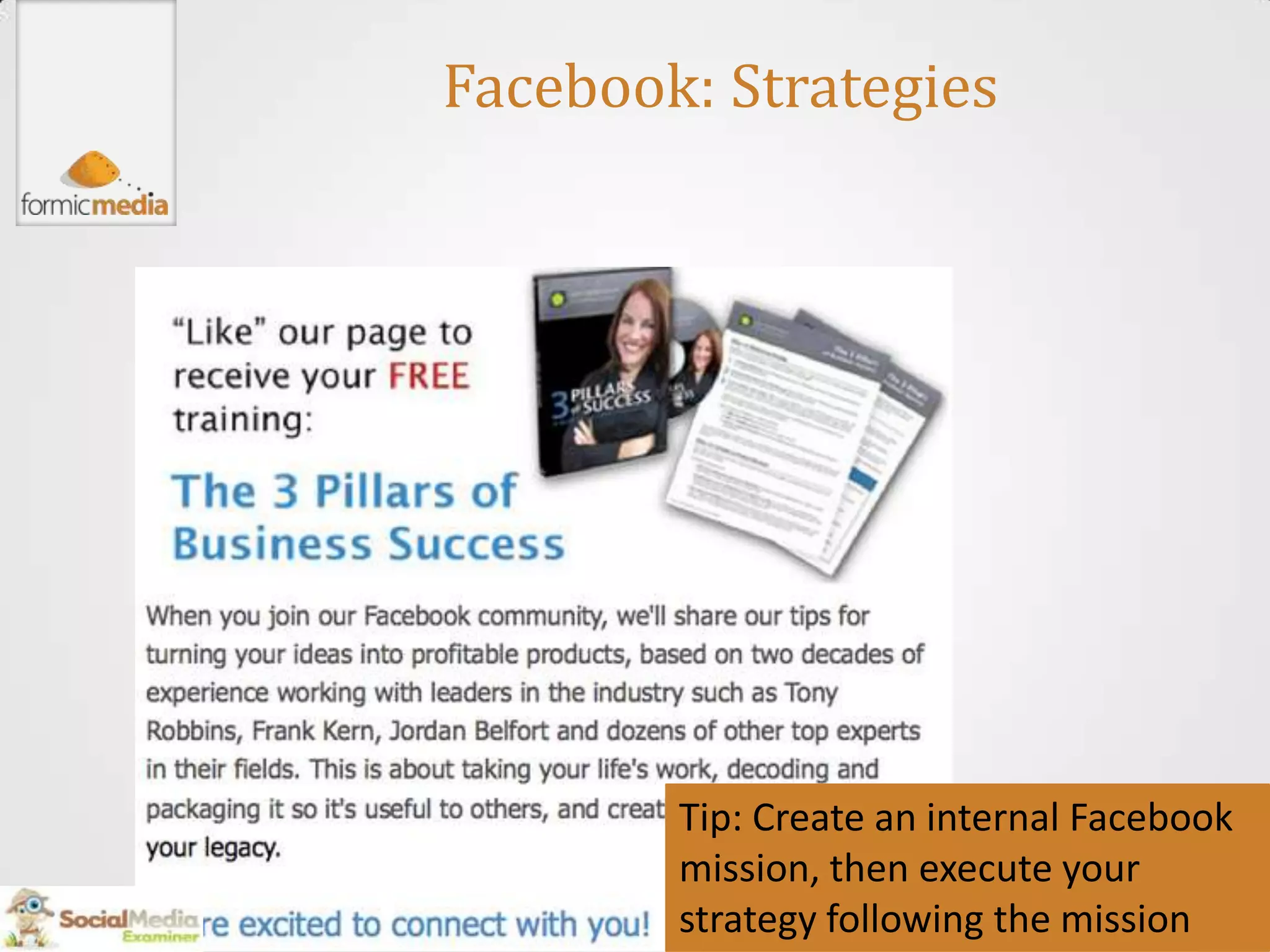 Facebook: Strategies




        Tip: Create an internal Facebook
        mission, then execute your
        strategy following the mission
 