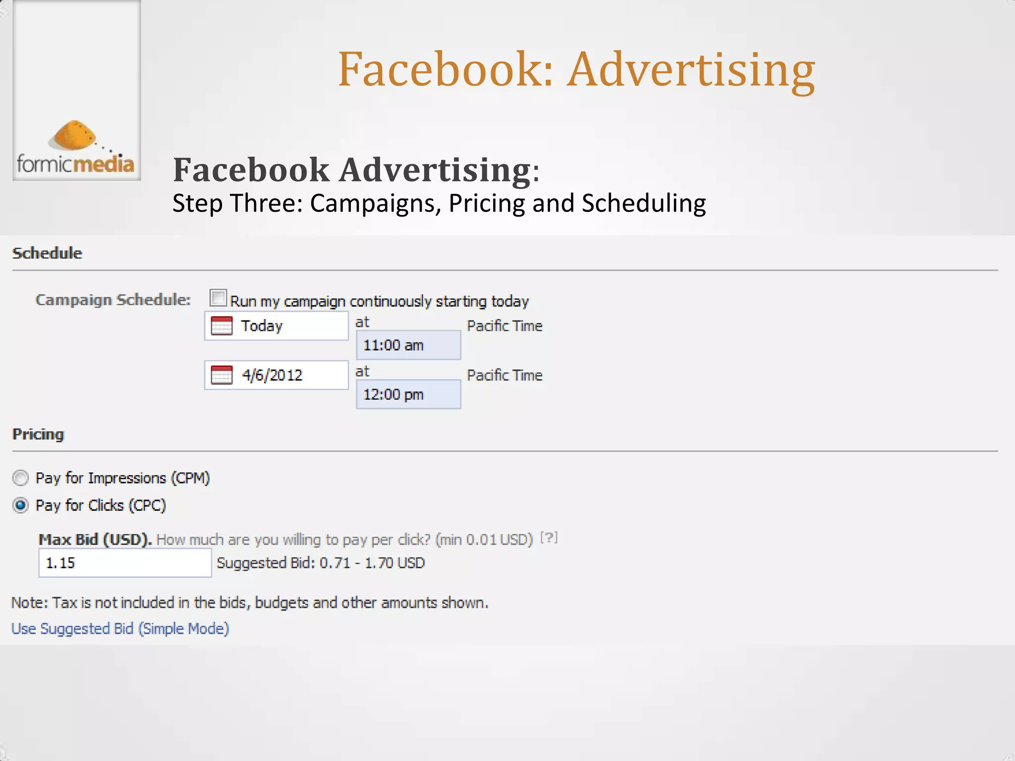 Facebook: Advertising
Facebook Advertising:
Step Three: Campaigns, Pricing and Scheduling
 
