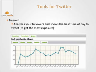 Tools for Twitter

 Tweroid
     Analyzes your followers and shows the best time of day to
    tweet (to get the most exposure)
 