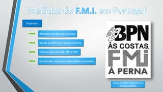 Empresas:
Redução da taxa social única;
Venda do BPN sem preço mínimo;
Privatização da REN, TAP e EDP;
Suspensão novas parcerias público privadas.
Fig.10: Cartoon relativamente
à venda do BPN.
 