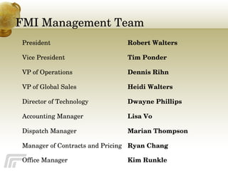 FMI Management Team President Robert Walters   Vice President  Tim Ponder VP of Operations  Dennis Rihn   VP of Global Sales Heidi Walters Director of Technology Dwayne Phillips  Accounting Manager Lisa Vo   Dispatch Manager  Marian Thompson   Manager of Contracts and Pricing  Ryan Chang Office Manager Kim Runkle 