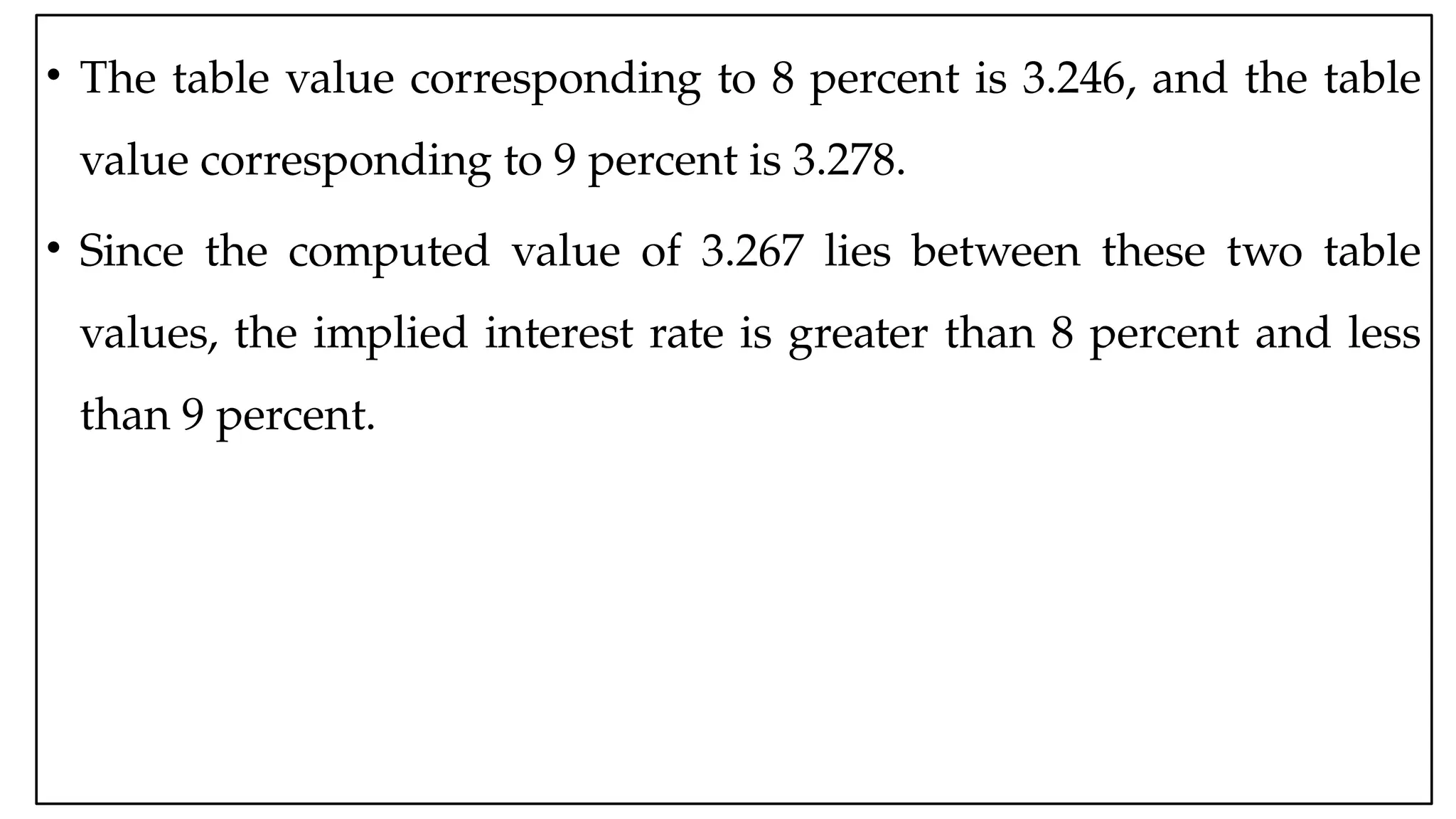 05:43 AM 22
• The table value corresponding to 8 percent is 3.246, and the table
value corresponding to 9 percent is 3.278.
• Since the computed value of 3.267 lies between these two table
values, the implied interest rate is greater than 8 percent and less
than 9 percent.
 
