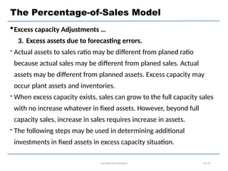 Excess capacity Adjustments …
3. Excess assets due to forecasting errors.
 Actual assets to sales ratio may be different from planed ratio
because actual sales may be different from planed sales. Actual
assets may be different from planned assets. Excess capacity may
occur plant assets and inventories.
 When excess capacity exists, sales can grow to the full capacity sales
with no increase whatever in fixed assets. However, beyond full
capacity sales, increase in sales requires increase in assets.
 The following steps may be used in determining additional
investments in fixed assets in excess capacity situation.
Compiled by Andualem 02-24
The Percentage-of-Sales Model
 