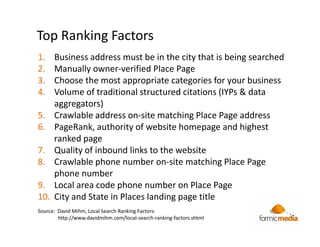 Top Ranking Factors
1.    Business address must be in the city that is being searched
2.    Manually owner-verified Place Page
3.    Choose the most appropriate categories for your business
4.    Volume of traditional structured citations (IYPs & data
      aggregators)
5.    Crawlable address on-site matching Place Page address
6.    PageRank, authority of website homepage and highest
      ranked page
7.    Quality of inbound links to the website
8.    Crawlable phone number on-site matching Place Page
      phone number
9.    Local area code phone number on Place Page
10.   City and State in Places landing page title
Source: David Mihm, Local Search Ranking Factors:
        http://www.davidmihm.com/local-search-ranking-factors.shtml
 