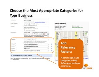Choose the Most Appropriate Categories for
Your Business




                             Add
                             Relevancy
                             Factors:
                              Search Engines use
                             categories to help
                             define your business
                             accurately.
 