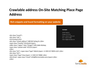 Crawlable address On-Site Matching Place Page
Address
 Rich snippets and hcard formatting on your website




<div class="vcard">
<div class="adr">
<h2>Contact</h2>
<div class="street-address">300 NE Failing St.</div>
<span class="locality">Portland</span>,
<abbr class="region" title="Oregon">OR</abbr>&nbsp;
<span class="postal-code">97212</span>
</div>
<div class="tel"> <span class="type">Work</span> +1-503-517-9059 x122 </div>
<div class="tel">
<span class="type">Fax</span> +1-503-517-9068 </div>
<div>Email: <span class="email">info@formicmedia.com</span></div>
</div>
 