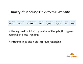 Quality of Inbound Links to the Website




  Having quality links to you site will help build organic
ranking and local ranking

 Inbound links also help improve PageRank
 
