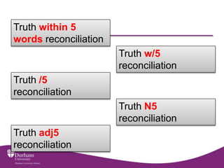 Truth within 5
words reconciliation
Truth w/5
reconciliation
Truth /5
reconciliation
Truth N5
reconciliation
Truth adj5
re...