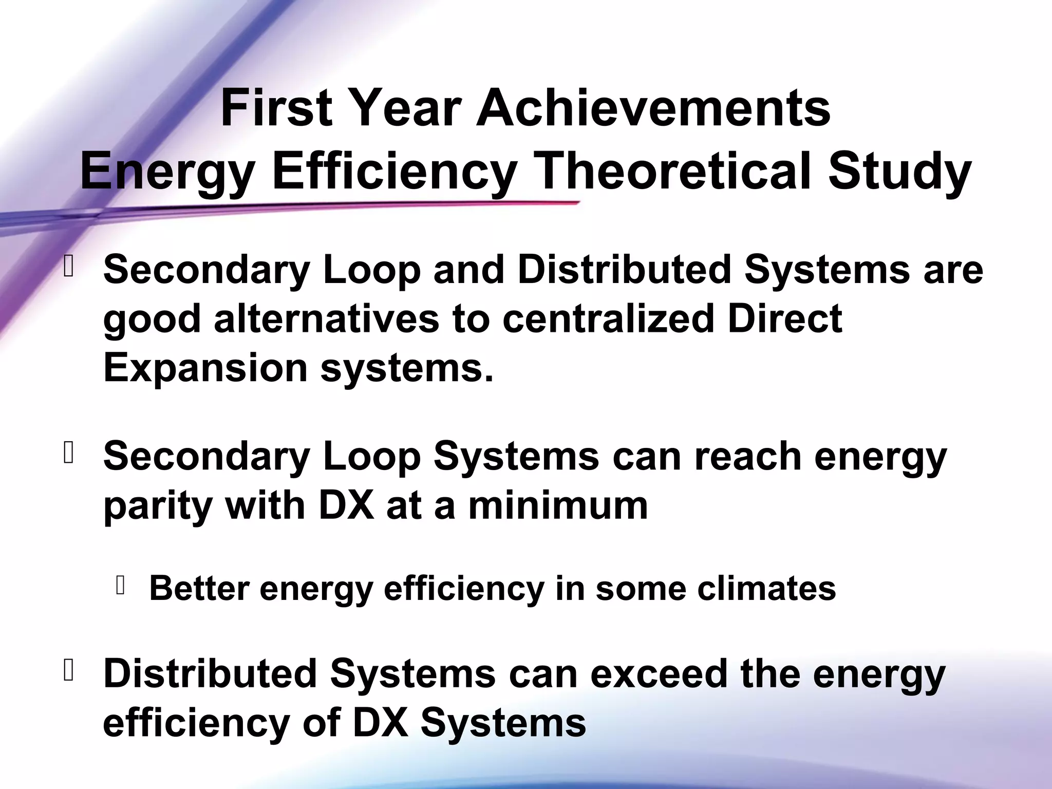 First Year Achievements
Energy Efficiency Theoretical Study
 Secondary Loop and Distributed Systems are
good alternatives to centralized Direct
Expansion systems.
 Secondary Loop Systems can reach energy
parity with DX at a minimum
 Better energy efficiency in some climates
 Distributed Systems can exceed the energy
efficiency of DX Systems
 