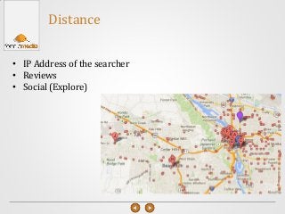 Distance
• IP Address of the searcher
• Reviews
• Social (Explore)
 