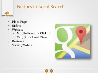 • Place Page
• Offsite
• Website
• Mobile Friendly, Click to
Call, Quick Load Time
• Reviews
• Social /Mobile
Factors in Local Search
 