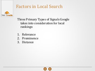 Three Primary Types of Signals Google
takes into consideration for local
rankings:
1. Relevance
2. Prominence
3. Distance
Factors in Local Search
 