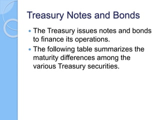 Treasury Notes and Bonds
 The Treasury issues notes and bonds
to finance its operations.
 The following table summarizes the
maturity differences among the
various Treasury securities.
 