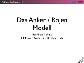 FileMaker Konferenz 2010




                 Das Anker / Bojen
                      Modell
                               Bernhard Schulz
                      FileMaker Konferenz 2010 / Zürich
 