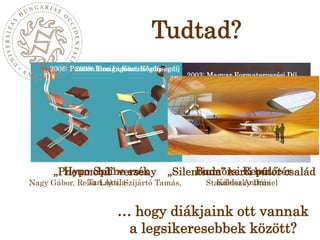 Tudtad?2009: Junior Prima Díj2008: Pannon Design Közönségdíj2009: Inno Lignum Közönségdíj2003: Magyar Formatervezési Díj2008: összetett 2. helyezés2009: legjobb konstrukció 2. helyezésHypo-Spline székTari Attila Budaörsi RepülőtérKáldos András„Pneumobil” versenyNagy Gábor, Reisz Lajos, Szíjártó Tamás, „Silentium” kerti bútor családStandeiszky Dániel… hogy diákjaink ott vannaka legsikeresebbek között?