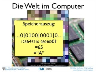 Die Welt im Computer

                                 Speicherauszug:

                          …0|0100|0001|0…
                           128643216 08040201
                                  =65
                                 =“A“

        Dr. Volker Krambrich, NORSULT              FileMaker Konferenz 2012 Salzburg
        Datenstrukturen -- FileMaker Felder…            www.ﬁlemaker-konferenz.com

Sonntag, 14. Oktober 12
 