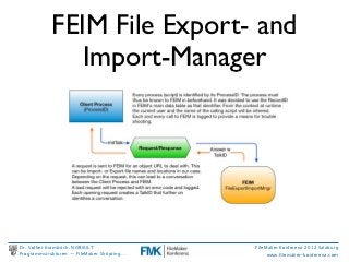 FEIM File Export- and
               Import-Manager




Dr. Volker Krambrich, NORSULT                FileMaker Konferenz 2012 Salzburg
Programmstrukturen -- FileMaker Skripting…        www.ﬁlemaker-konferenz.com
 