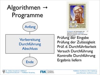 Algorithmen →
  Programme




Dr. Volker Krambrich, NORSULT                FileMaker Konferenz 2012 Salzburg
Programmstrukturen -- FileMaker Skripting…        www.ﬁlemaker-konferenz.com
 