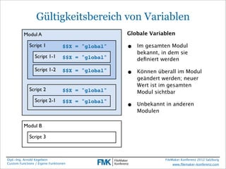 Gültigkeitsbereich von Variablen
          Modul A                                  Globale Variablen

             Script 1             $$X = "global"   •   Im gesamten Modul
                                                       bekannt, in dem sie
                 Script 1-1       $$X = "global"       deﬁniert werden
                 Script 1-2       $$X = "global"   •   Können überall im Modul
                                                       geändert werden; neuer
                                                       Wert ist im gesamten
             Script 2             $$X = "global"       Modul sichtbar
                 Script 2-1       $$X = "global"
                                                   •   Unbekannt in anderen
                                                       Modulen

          Modul B

             Script 3



Dipl.-Ing. Arnold Kegebein                                       FileMaker Konferenz 2012 Salzburg
Custom Functions / Eigene Funktionen                                  www.ﬁlemaker-konferenz.com
 