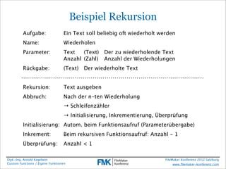 Beispiel Rekursion
         Aufgabe:
          
     Ein Text soll beliebig oft wiederholt werden
         Name:
 
           
     Wiederholen
         Parameter:
 
            Text
 (Text)
 Der zu wiederholende Text
         
   
  
    
            Anzahl
 (Zahl)
 Anzahl der Wiederholungen
         Rückgabe:
 
             (Text)
 Der wiederholte Text


         Rekursion:
 
            Text ausgeben
         Abbruch:
 
              Nach der n-ten Wiederholung
         
      
     
     
     → Schleifenzähler
         
      
     
     
     → Initialisierung, Inkrementierung, Überprüfung
         Initialisierung:
 Autom. beim Funktionsaufruf (Parameterübergabe)
         Inkrement:
 
            Beim rekursiven Funktionsaufruf: Anzahl - 1
         Überprüfung:
 Anzahl < 1

Dipl.-Ing. Arnold Kegebein                                                FileMaker Konferenz 2012 Salzburg
Custom Functions / Eigene Funktionen                                           www.ﬁlemaker-konferenz.com
 