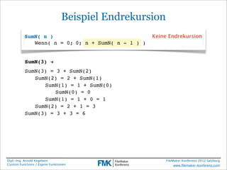Beispiel Endrekursion
          SumN( n )                                Keine Endrekursion
             Wenn( n = 0;!0; n + SumN( n - 1 ) )


          SumN(3) !
          SumN(3) = 3 + SumN(2)
          ! SumN(2) = 2 + SumN(1)
          ! ! SumN(1) = 1 + SumN(0)
          ! ! ! SumN(0) = 0
          ! ! SumN(1) = 1 + 0 = 1
          ! SumN(2) = 2 + 1 = 3
          SumN(3) = 3 + 3 = 6




Dipl.-Ing. Arnold Kegebein                               FileMaker Konferenz 2012 Salzburg
Custom Functions / Eigene Funktionen                          www.ﬁlemaker-konferenz.com
 