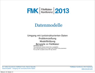 Datenmodelle
Umgang mit (un)strukturierten Daten
Problemstellung
Modellbildung
Beispiele in FileMaker
IMPORTANT NOTE!
This...