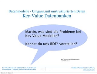 Datenmodelle - Umgang mit unstrukturierten Daten

Key-Value Datenbanken

Martin, was sind die Probleme bei
Key Value Model...
