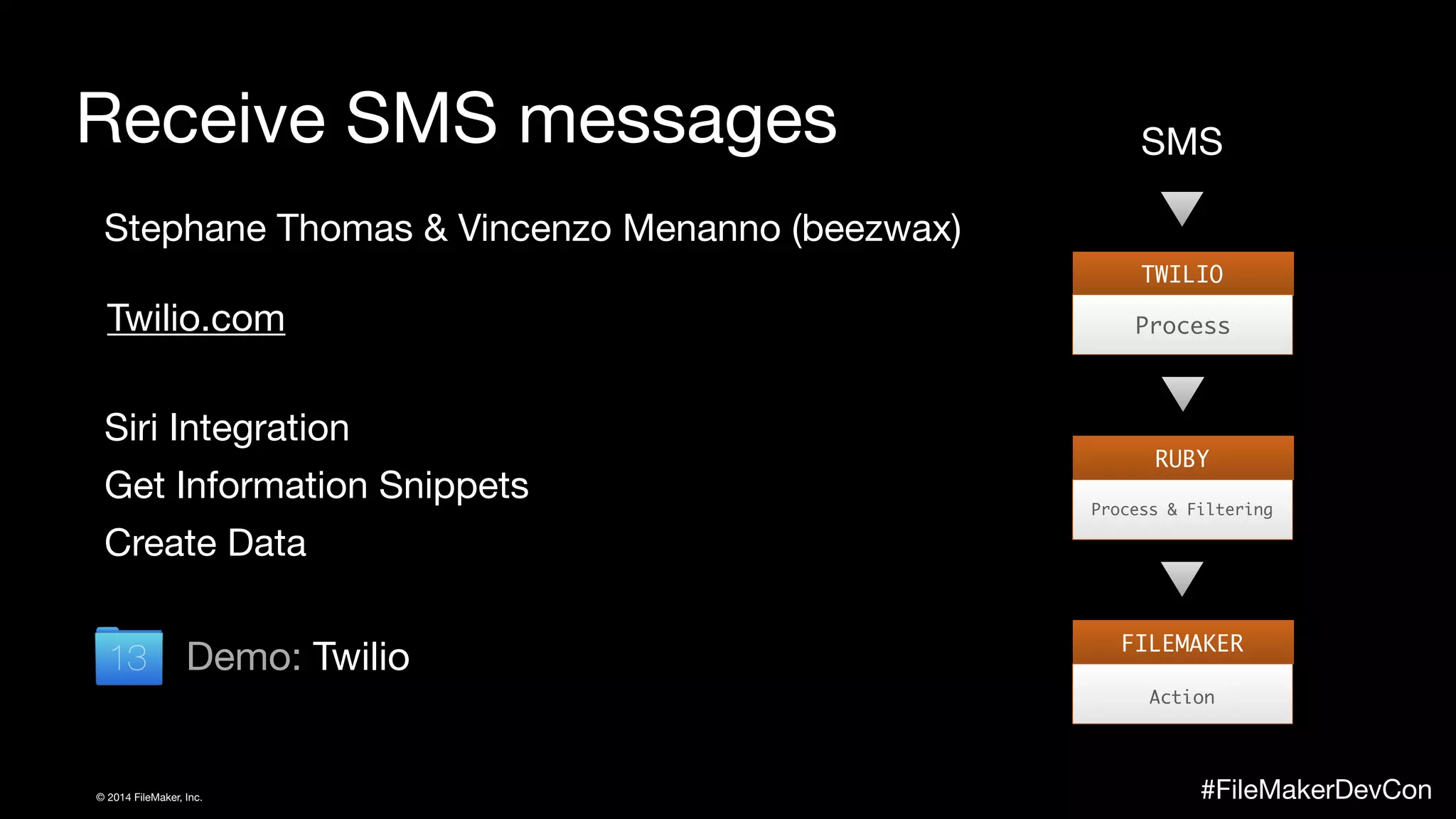Receive SMS messages SMS 
Stephane Thomas & Vincenzo Menanno (beezwax) 
Twilio.com 
Siri Integration 
Get Information Snippets 
Create Data 
Demo: Twilio 
TWILIO 
Process 
RUBY 
Process & Filtering 
FILEMAKER 
Action 
© 2014 FileMaker, Inc. #FileMakerDevCon 
 