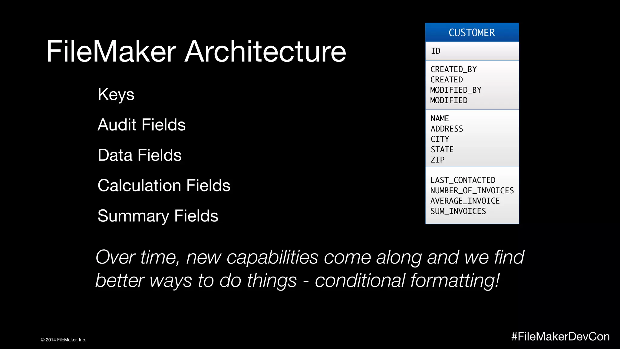 FileMaker Architecture 
Keys 
Audit Fields 
Data Fields 
Calculation Fields 
Summary Fields 
CUSTOMER 
ID 
CREATED_BY 
CREATED 
MODIFIED_BY 
MODIFIED 
NAME 
ADDRESS 
CITY 
STATE 
ZIP 
LAST_CONTACTED 
NUMBER_OF_INVOICES 
AVERAGE_INVOICE 
SUM_INVOICES 
Over time, new capabilities come along and we find 
better ways to do things - conditional formatting! 
© 2014 FileMaker, Inc. #FileMakerDevCon 
 