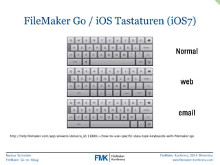 FileMaker Go / iOS Tastaturen (iOS7) 
Normal 
web 
email 
http://help.filemaker.com/app/answers/detail/a_id/11880/~/how-to-use-specific-data-type-keyboards-with-filemaker-go 
Markus Schneider 
FileMaker Go im Alltag 
FileMaker Konferenz 2014 Winterthur 
www.filemaker-konferenz.com 
 