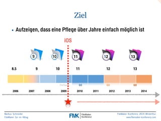 iOS 
8.5 9 10 11 12 13 
Markus Schneider 
FileMaker Go im Alltag 
FmTouch GO GO GO 
FileMaker Konferenz 2014 Winterthur 
www.filemaker-konferenz.com 
Ziel 
• Aufzeigen, dass eine Pflege über Jahre einfach möglich ist 
2006 2007 2008 2009 2010 2011 2012 2013 2014 
 